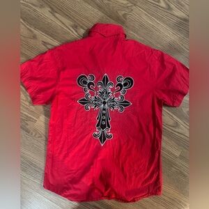 Men's Red Casual Button Down Shirt with Black Design